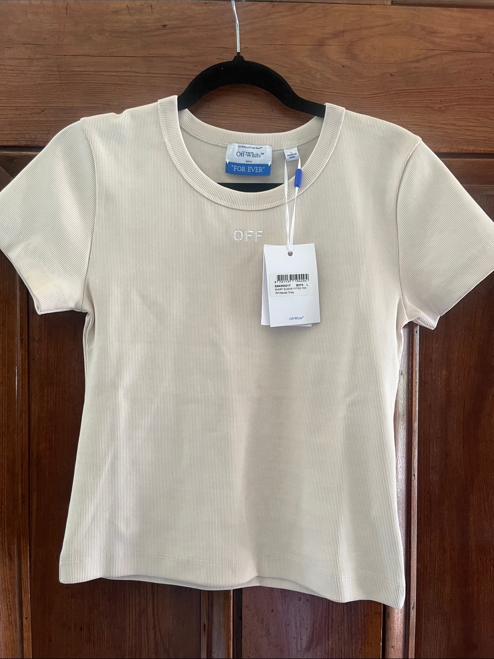 Off-White Cream Ribbed Short Sleeve Tee with 'OFF' Embroidery